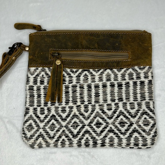 Myra Bag Handbags - Myra Bag Upcycled Canvas and Leather Wristlet